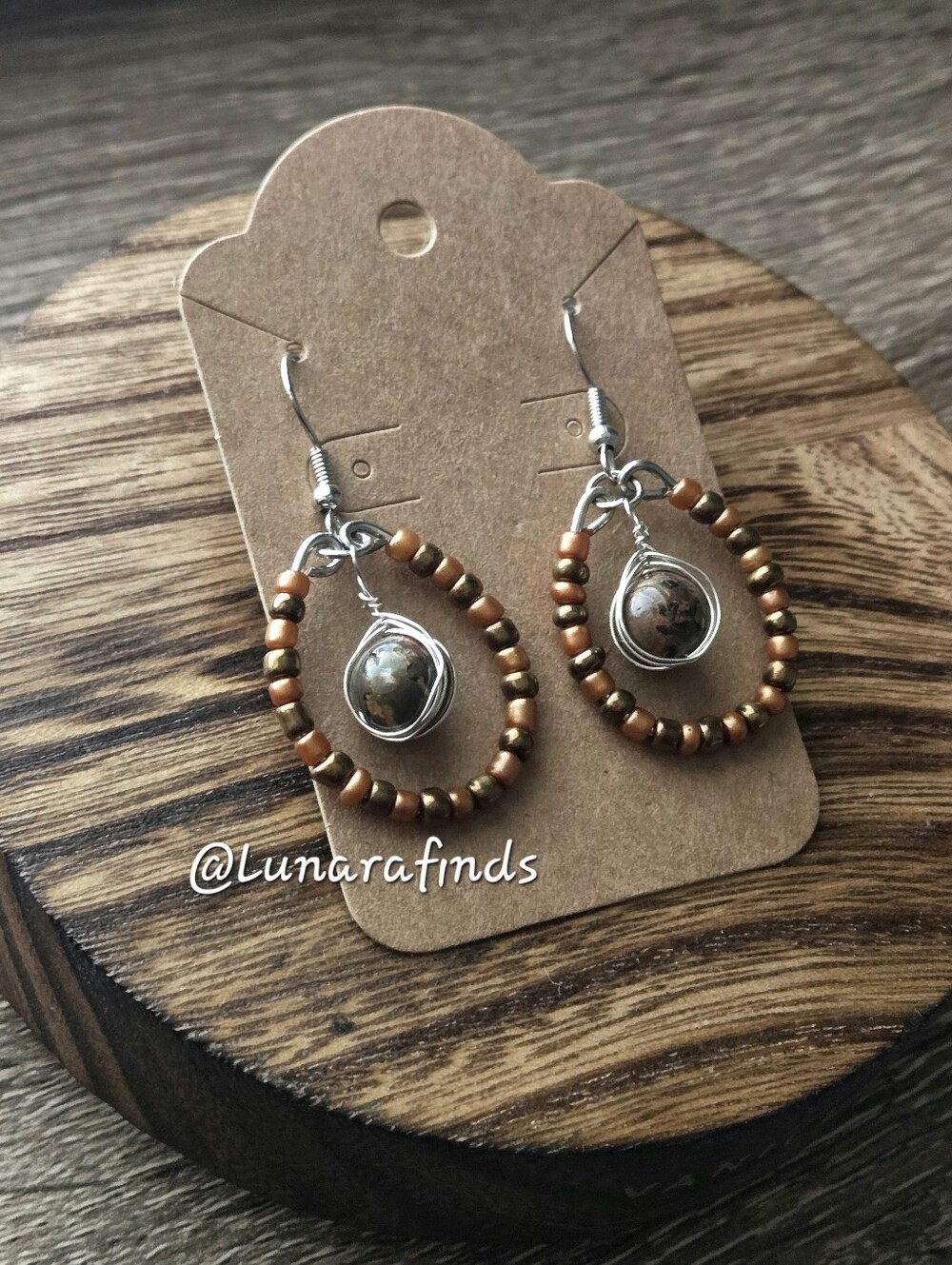 Handmade Bronze Beaded with Leopard Jasper 8MM Stone Dangle Earrings